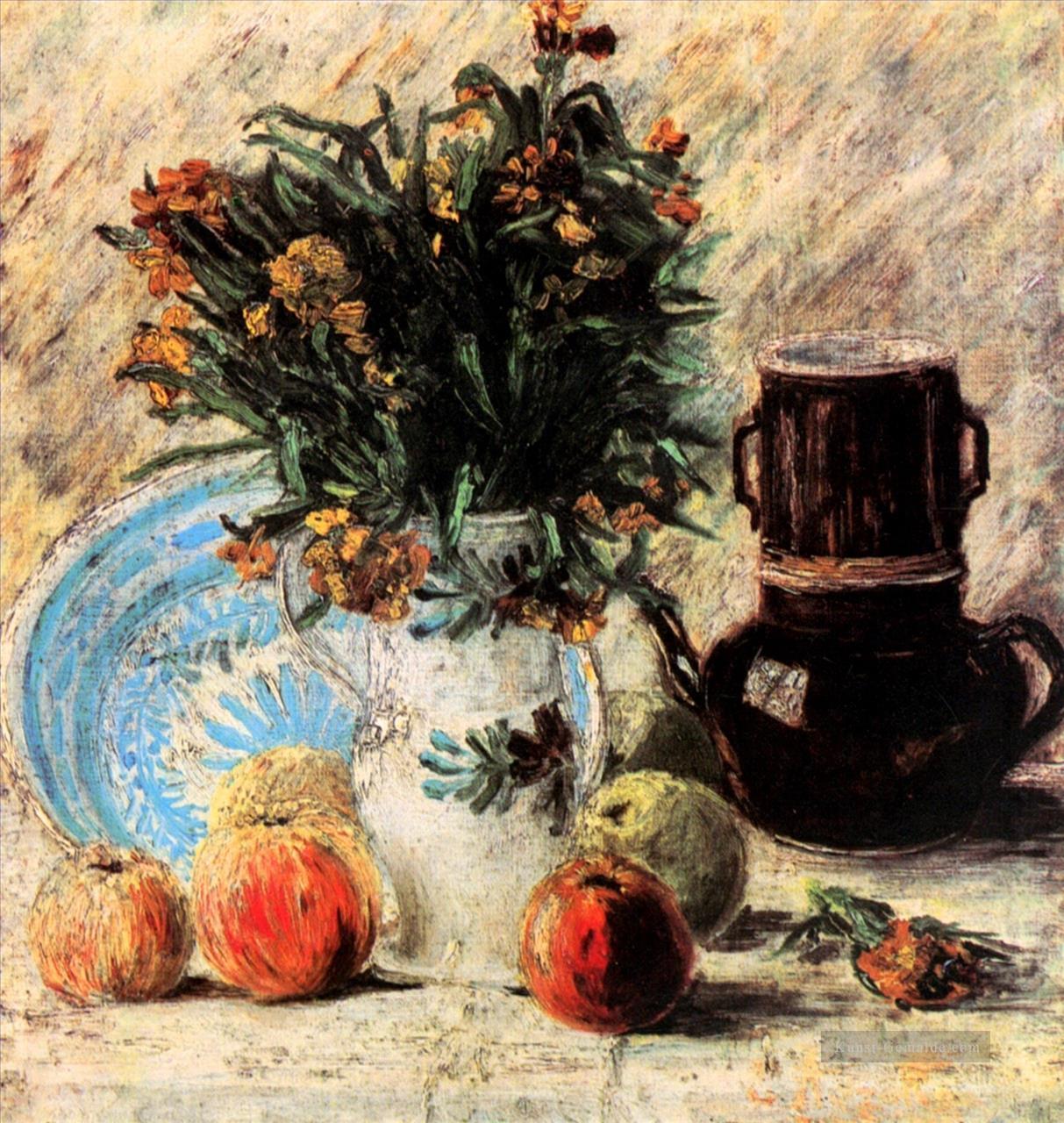 Vase mit Blumen Kaffeekanne und Frucht Vincent van Gogh Ölgemälde